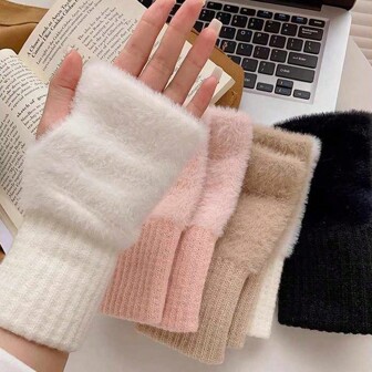 1/2 双女士纯色保暖针织露指手套，毛绒针织腕套，适用于触摸屏、办公室、学生写作、骑自行车、防冻