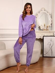 Autumn And Winter Women's Fluffy Pajamas Set Crewneck Long-Sleeved Double-Pocket Top And Bunched Trousers Plus Fleece Thickened Warm And Comfortable Pajamas Home Suit Simple Solid Color Multi-Color Optional - Purple - View 1
