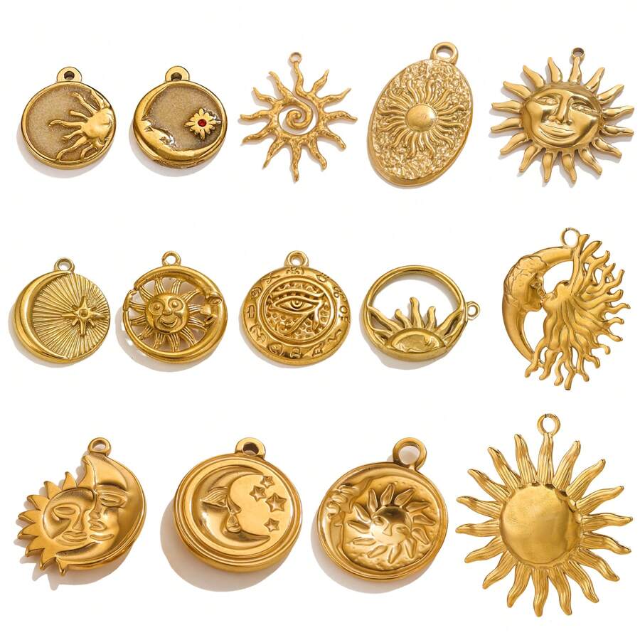 5pcs Stainless Steel Diy Jewelry Accessories Plated 18k Gold Bracelet Ins Niche Design High-Grade Sun Vintage Earrings Pendant Stainless Steel Necklace Jewelry Accessories - Sun Pendant - View 1