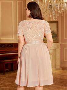 Plus Elegant V-Neck Sequin Lace Contrast Chiffon Ruffle Trim Cocktail Party Swing Dress - Champagne - View 3