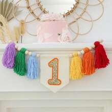1pc Handmade First Birthday Boho High Chair Banner, Macrame Tassel Floral Wreath, Boho Birthday Decor, Rainbow Red Orange Yellow Green Blue Multicolor Shiny Tassel Pennant, Bedroom Decor