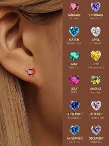 ESBERRY 1pair Birthstone Hearth Stud Earrings s925 Sterling Silver Cubic Zirconia 12 Month Dainty Stud Earring Fine Jewelry Birthday Gift For Women For Dating - Silver - View 1