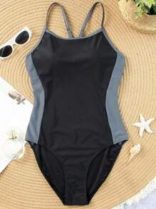 Maillot de bain une pièce pour femme sexy avec dos découpé, maillot de bain bicolore sportif pour l'été et la plage - Noir - Voir 4