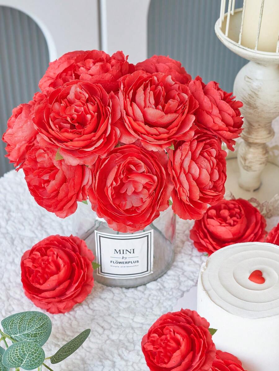 12/24 chiếc hoa giả màu đỏ mô phỏng hoa mẫu đơn có thân dùng để trang trí tiệc cưới, trang trí bánh và trang trí bàn phòng khách tại nhà - Đỏ - Xem 1