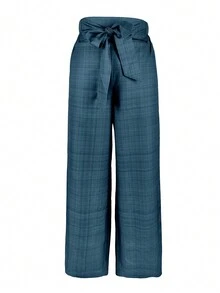 Women's Casual Fashion Tie Up Waist Pocket Wide Leg Palazzo Pants - Blue - View 2