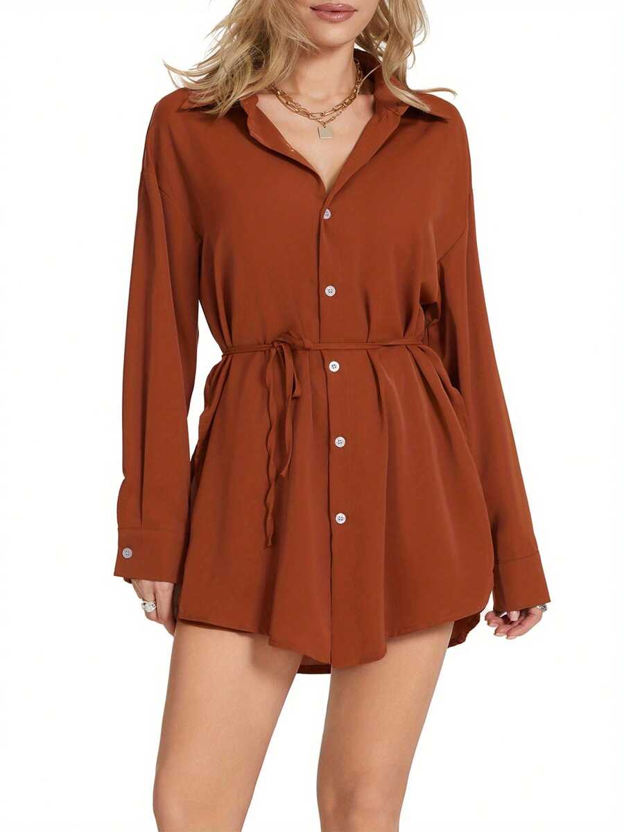 Women Jumpsuit, Long Sleeve Turn-Down Collar Button-Down Shirt Bodysuit Streetwear