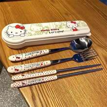 Sanrio Juego de 4 piezas de cubiertos de acero inoxidable con diseño de Hello Kitty - Set de tenedor, cuchara, palillos y bolsa térmica aislada portátil para llevar la comida, ideal para estudiantes, trabajadores y viajes