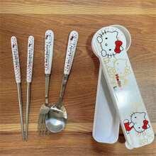 Sanrio Juego de 4 piezas de cubiertos de acero inoxidable con diseño de Hello Kitty - Set de tenedor, cuchara, palillos y bolsa térmica aislada portátil para llevar la comida, ideal para estudiantes, trabajadores y viajes