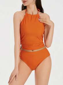 Women 2pcs Bikini Set Halter Neck Sleeveless Backless Crop Top + Panties Swimwear Swimsuit Summer Beachwear - trái cam - Xem 3