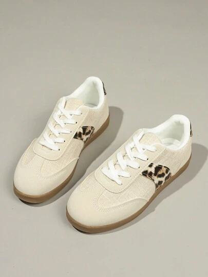 Lightweight Breathable Flat Casual Slip-Resistant Soft Rubber Sole Lace-Up Leopard Print Matte Mesh Daily Plus Size Women Flat Shoes, Suitable For Commuting, Sports, Shopping, Fits All Styles