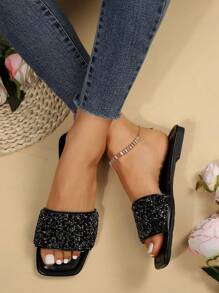 Dép quai hậu đính đá Rhinestone một ngón cho nữ, Dép nhựa đế bằng đi ngoài trời đa năng, thường ngày mùa hè - màu đen - Xem 3