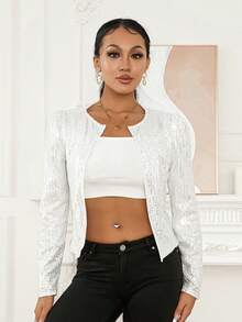 Women Sequin Jacket Solid Color Long Sleeve Open Front Crop Cardigan For Club Party - White - View 7