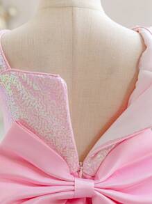 Vestido elegante de fiesta de Navidad con lunares, manga de tul y lazo con lentejuelas para niña, vestido de princesa, adecuado como regalo de cumpleaños, para fiesta, niña de las flores en boda, vestido formal - Rosa - Ver 8