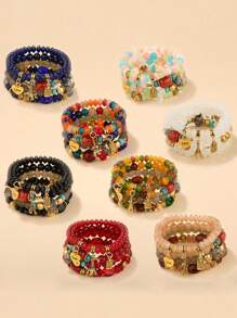 4 件波西米亚风格复古印花串珠手链首饰套装，适合女士 - 彩色 - 查看 2