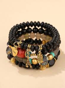 4 件波西米亚风格复古印花串珠手链首饰套装，适合女士 - 彩色 - 查看 10