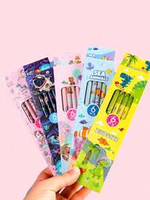 1 Set de 6 lápices en estuche con diseño de caja con dibujos animados, kit de papelería escolar