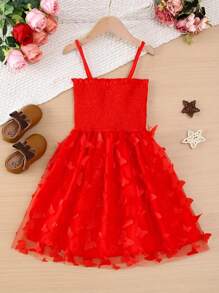 甜美女孩蝴蝶装饰细肩带芭蕾裙，时尚网眼连衣裙，夏日派对 - 紅色 - 查看 2