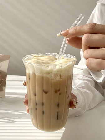 1PC 450ml Iced Coffee Glass, Vintage Ribbed Milk Coffee Cup, Cold Brew Coffee Cup, Iced Latte Glass, Strawless Creative Beverage Glass, Home Afternoon Tea Cup, Restaurant Cafe Suitable