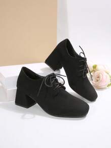 2025 Autumn/Spring New Korean Version British Style Shoes, Comfortable Thick Heel Lace-Up Round Toe Suede Women Flats - Black - View 7