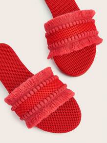 Red Fabric Furry Pom Pom & Tassel Embellished Bohemian Style Flat Sandals For Women, Random Lengths And Quantity Of Pom Poms And Tassels, Random Fabric Pattern And Shade Of Red,Beach Shoes,Summer Shoes - Red - View 4