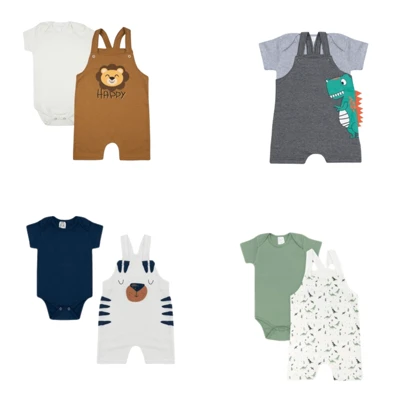 Kit Conjunto Body 4 Peças Menino Jardineiro Manga Curta