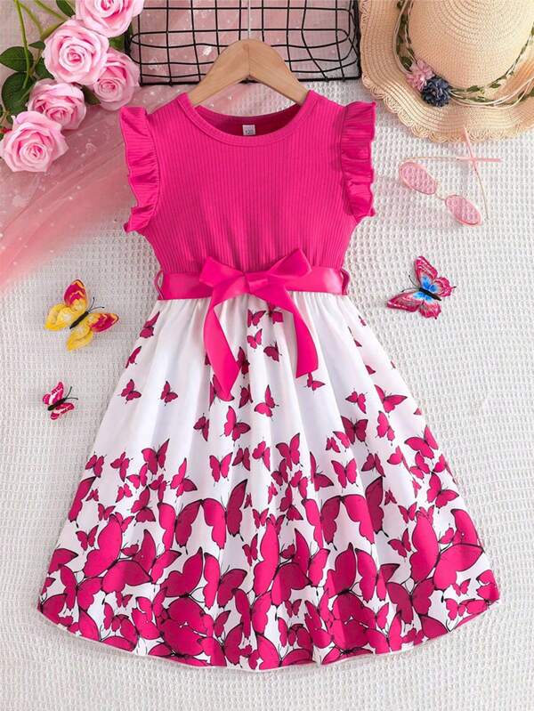 2pcs Tween Girl Butterfly Print Splicing Solid Color Pleated Sleeveless Dress + Belt Set, Summer