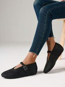Women's Woven Ballet Flats Fashion Buckle Strap Round Toe Casual Comfortable Mary Jane Flat Ballerina Shoes Woman - Black Woven - 查看 2
