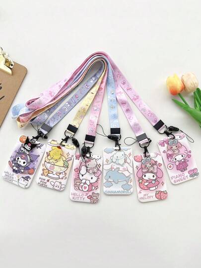 Sanrio 1 pieza Portador de tarjeta de identificación de Sanrio Hello Kitty y amigos con correa de cordón, protector de tarjetas de estudiante de plástico, tarjeta Pouch, regalos de vuelta a la escuela