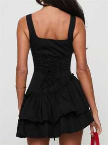Women's Square Neck Ruffle Hem Mini Dress Sleeveless Back Lace Up Corset Short Party Dresses