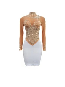 Vestido negro y dorado de manga larga y corto con detalles de malla, strass y lentejuelas, elegante para mujer, para primavera y verano, ideal para fiestas, graduaciones, cenas y festivales - Albaricoque - Ver 5
