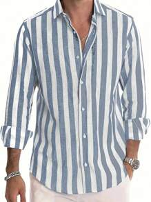 Camisa de manga longa listrada em algodão e linho para homens, com bloco de cores, ideal para primavera e outono, uma opção confortável e casual como presente - Lavagem clara - Visão 2