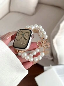 1 件女式白色金属时尚仿珍珠水钻蝴蝶结松紧带，适用于 38/40/41/44/45/49/42/46 毫米系列 11/SE3/Ultra3/Ultra/SE/SE2/10/9/8/7/6/5/4/3/2/1 - 白珍珠-玫瑰金蝴蝶結 - 查看 8