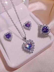 Bộ 4 chiếc/Bộ trang sức vòng cổ, nhẫn, hoa tai đính đá trái tim màu tím thanh lịch, thích hợp để đeo hàng ngày, quà tặng lý tưởng cho ngày lễ tình nhân, mẹ, mẹ, ngày của mẹ, quà tặng - Màu tím - Xem 6