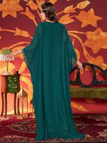 Women's Solid Color Round Neck Arabian Dress With Luxurious Beaded Embroidery, Elegant Modest Abaya Spring - Dark Green - View 4