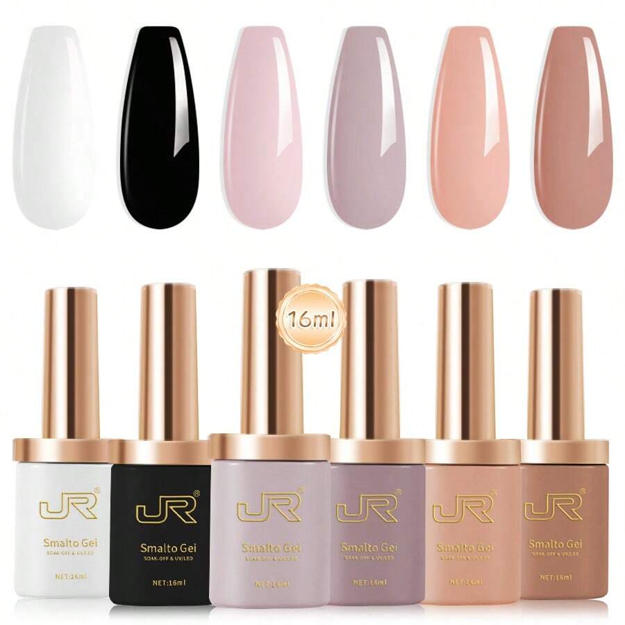 JR JR 6pcs 16ml Gel Nail Polish Set Including Black White Red Pink Nude Gel Polish Kit UV LED Soak Off Polish Home DIY Top Coat Base Coat Gifts For Girl