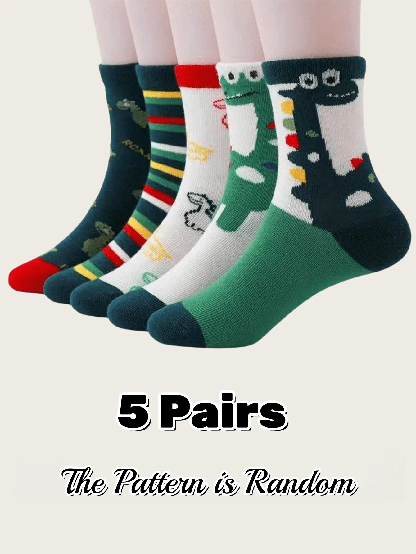 5 Pairs Children/Toddlers Classic Cute Green Dinosaur Cartoon Mid-Calf Socks - Army Green - View 1