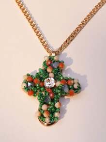 1 pièce Collier pendentif croix en cristal de turquoise de style boho occidental, perle de faux. Convient pour les vacances, les fêtes, les cadeaux et le port quotidien pour les femmes