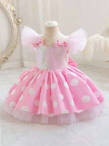 Vestido elegante de fiesta de Navidad con lunares, manga de tul y lazo con lentejuelas para niña, vestido de princesa, adecuado como regalo de cumpleaños, para fiesta, niña de las flores en boda, vestido formal - Rosa - Ver 5