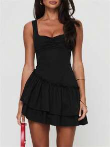 Women's Square Neck Ruffle Hem Mini Dress Sleeveless Back Lace Up Corset Short Party Dresses