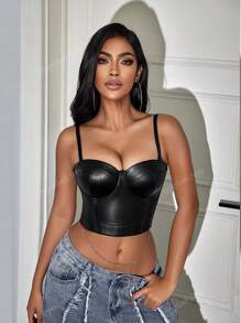 Rave Spaghetti Strap PU Leather Corset Bustier Crop Cami Top Music Festival