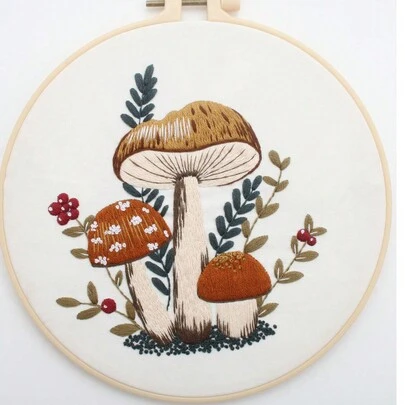 1 Set Mushroom Pattern Embroidery Kit With Embroidery Hoop, Thread, Needle And Instructions, DIY Crafting Supplies