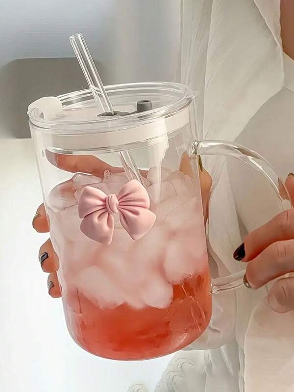 1 pieza Vaso grande con pajita, vaso de vidrio borosilicato lindo y atractivo con decoración de lazo, adecuado para niñas, verano
