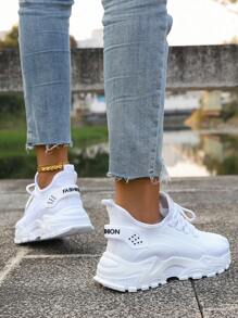 Damen Mode Buchstabe Symbol atmungsaktive Mesh leichte Laufschuhe, runde Zehenkappe, erhöhte weiche Sohle, rutschfest, bequeme Low-Top lässige Sportschuhe