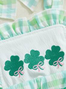 Baby Summer Rompers Ruffles Plaid Pattern Four-Leaf Clover Bunny Love Heart Embroidery Sleeveless Newborn Jumpsuit - Green - View 5