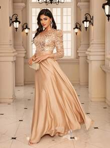 Elegant V-Neck Three-Quarter Sleeves Glitter Sequin Bodice Contrast Satin Hem Dress, Elegant Ball Gown For Wedding Guests, Graduations, Dinner Parties, Party Dress, Formal Dress, Evening Dress - Champagne - View 5