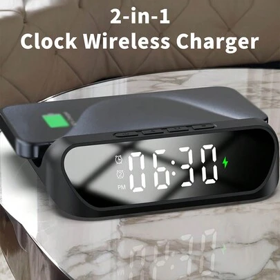 二合一创意桌面数字时钟闹钟，无线快速充电器，（仅支持具有无线充电功能的原装智能手机）