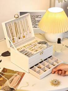 1 Stück Stücke abschließbare Aufbewahrungsbox, mehrstöckige Kunstperlbox mit Schloss, zweistöckige Schubladenbox aus Kunstleder für Schmuck, abschließbare Ring-, Ohrring-, Armband- und Halskettenaufbewahrung, elegante, abschließbare zweistöckige Schmuckbox - sichere Aufbewahrung für Ohrringe und Ringe, tragbare Geschenklösung mit zweistöckiger, abschließbarer Schmuckaufbewahrungsbox