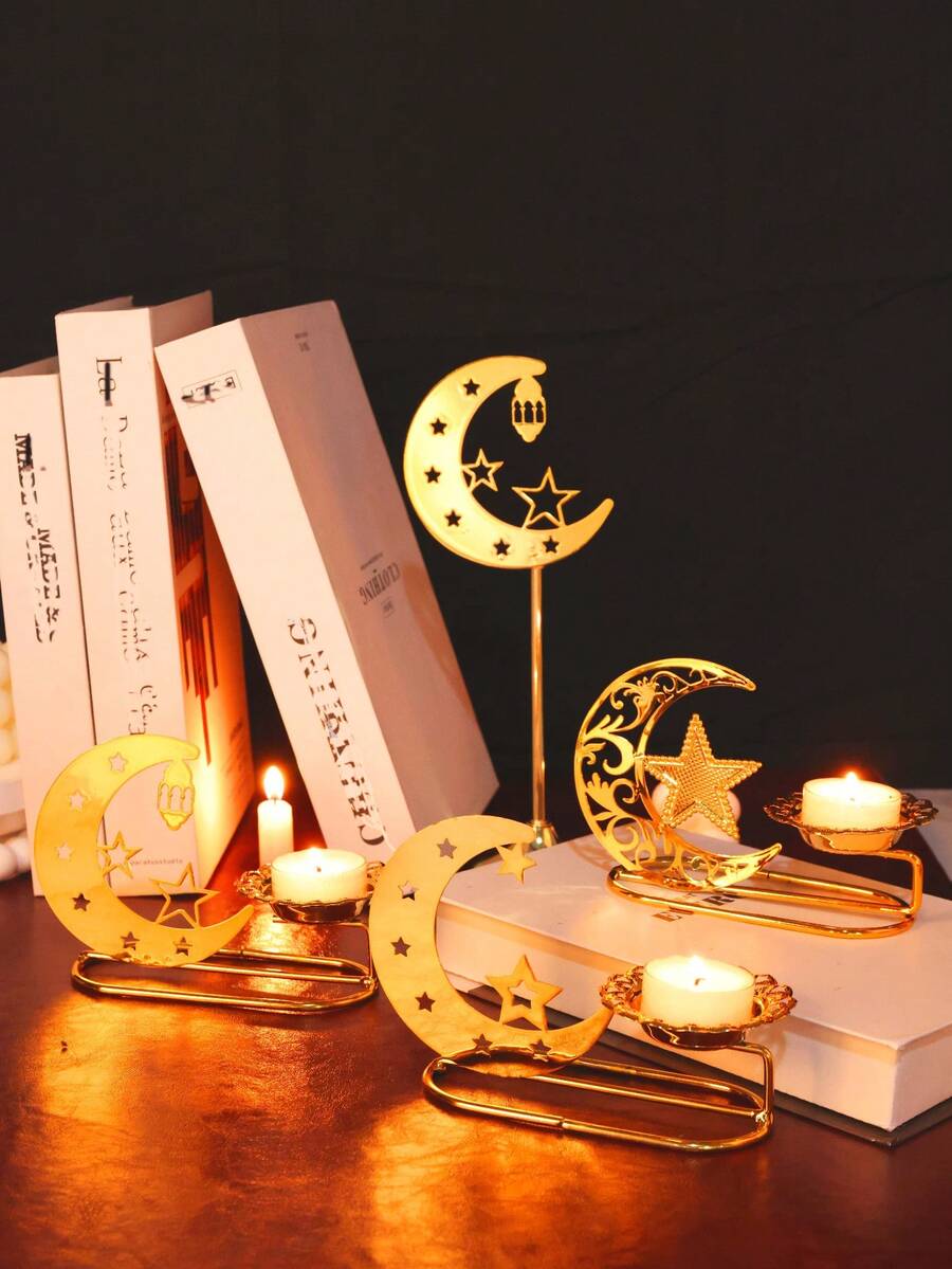 2pcs Candle Holder Set: Ramadan Candle Holder, Metal Candle Holder, 1 Candle Holder + 1 Half Moon Ornament, Home Decoration, Table Decoration, Candlelight Dinner, Party E-I-D - One Size - View 1