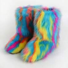 QMFUR Women's Furry Faux Fur Boots Fuzzy Fluffy Mid Calf Snow Boots Suede Warm Fur Lined Booties Flat Fashion Boots - Burgundy - View 2