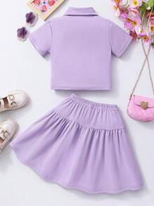 Young Girl Summer Short Sleeve Crewneck Strawberry Print Top + Solid Color Elastic Waist Skirt 2 Pieces Set